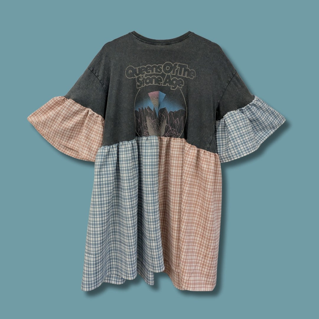 Queens of the Stone Age - Split Pink & Blue Tartan Smock Dress (XL)