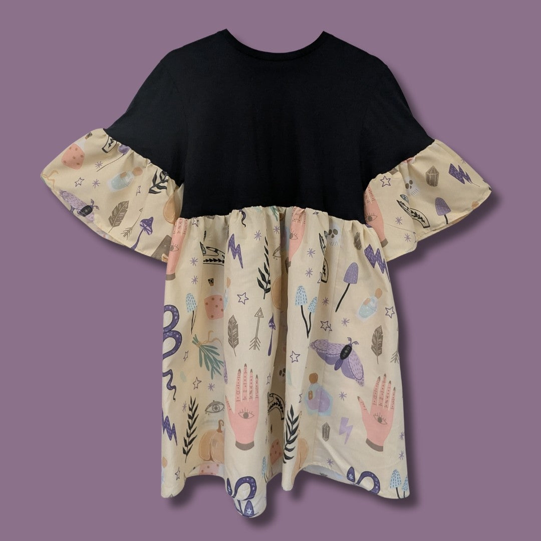 Plain Black Tee - Cream & Purple Witchy Print Smock Dress (M)