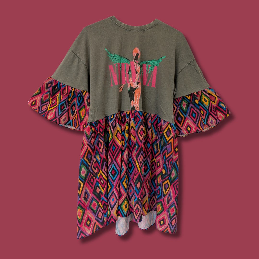 Nirvana - Rainbow Harlequin Print Smock Dress (M)