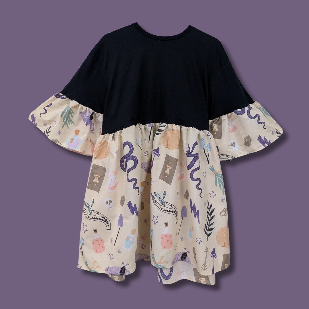 Plain Black Tee - Cream & Purple Witchy Print Smock Dress (XL/2XL)