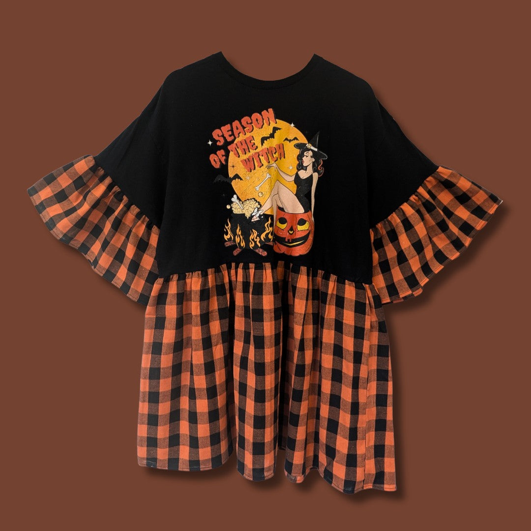 Season of the Witch - Black & Orange Check Smock Dress (XL)