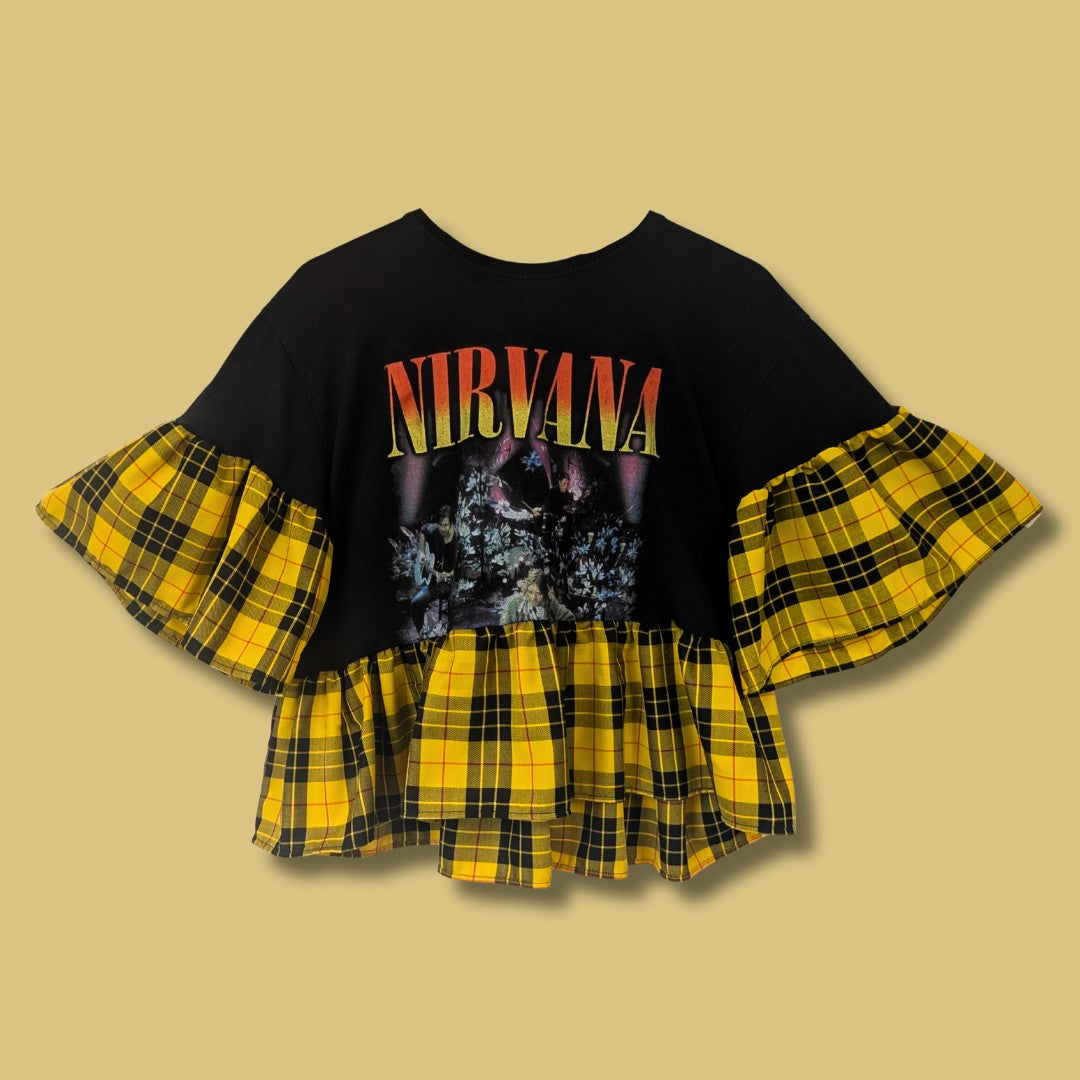 Nirvana - Yellow & Black Tartan Smock Top (L)