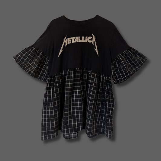 *PRELOVED* Metallica - Black & White Grid Print Smock Dress (L)
