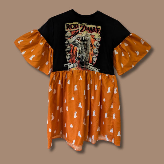 Rob Zombie - Orange & White Ghost Print Smock Dress (XS/S)