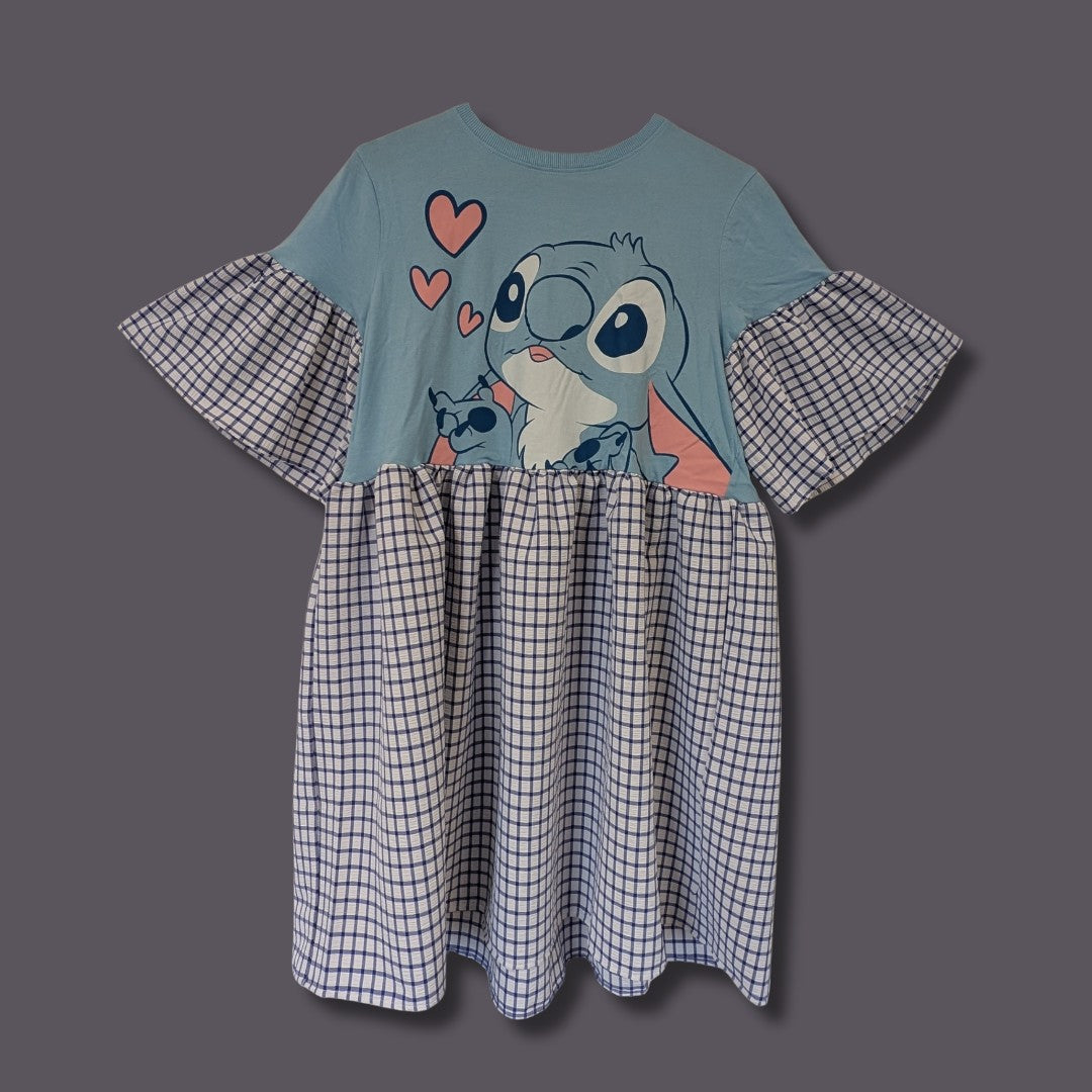 Lilo & Stitch - White & Blue Grid Print Smock Dress (M)