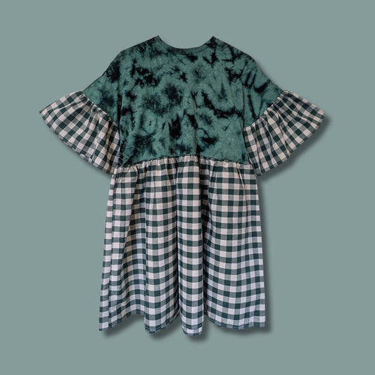 Dark Green Tie Dye - Checked Smock Dress (M)