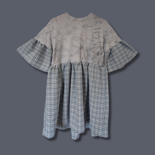 Sky Blue Tie Dye - Checked Smock Dress (M)