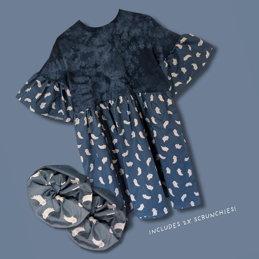 Indigo Blue - Ghost Print Dress - With Scrunchies (S/M)